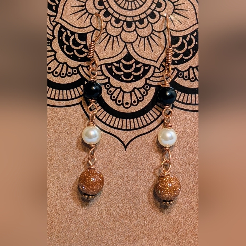 Goldstone Pearl and Onyx Genuine Gemstone with Copper Earrings, Original Design